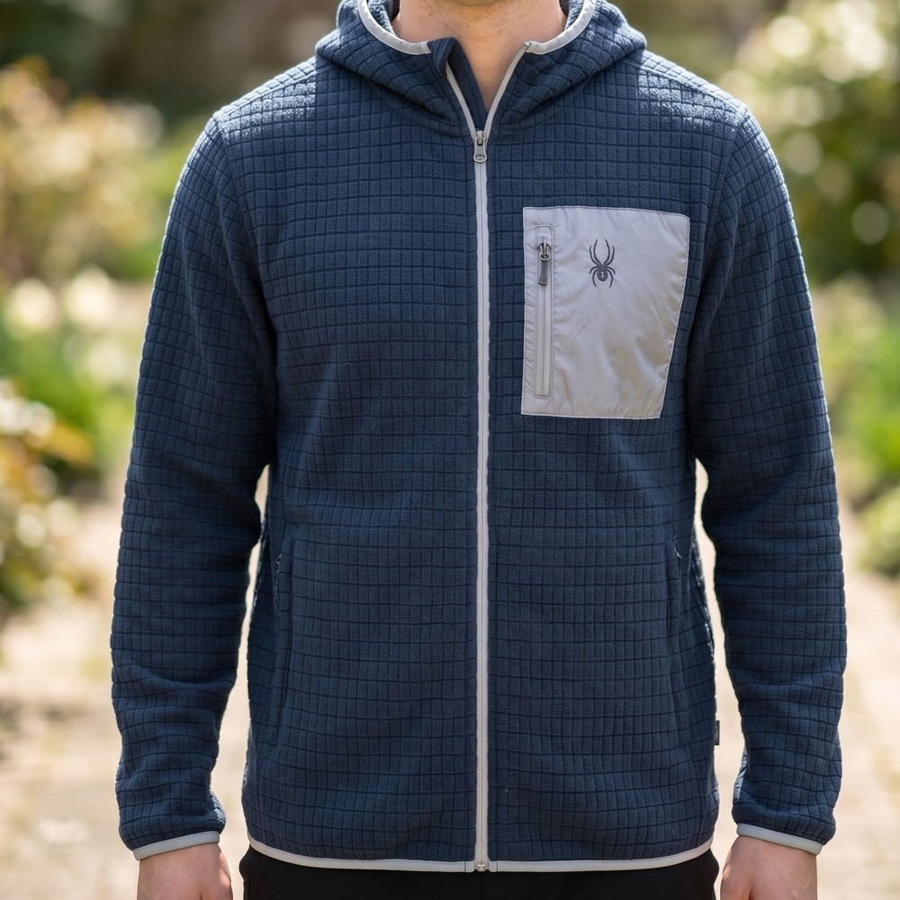 Spyder Mens Navy Blue Waffle Grid Fleece Full Zip Hooded Jacket XL Outdoor Ski